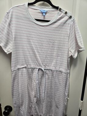 Draper James Pink & White Striped Tee Dress with Shoulder Button Detail